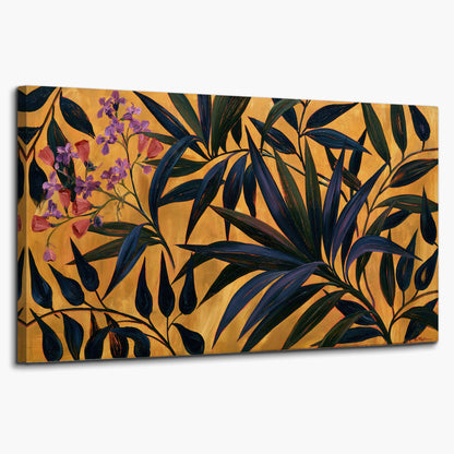 Dark pointed bamboo leaves across an ochre background with small pink floral accents single canvas wall art on a white background
