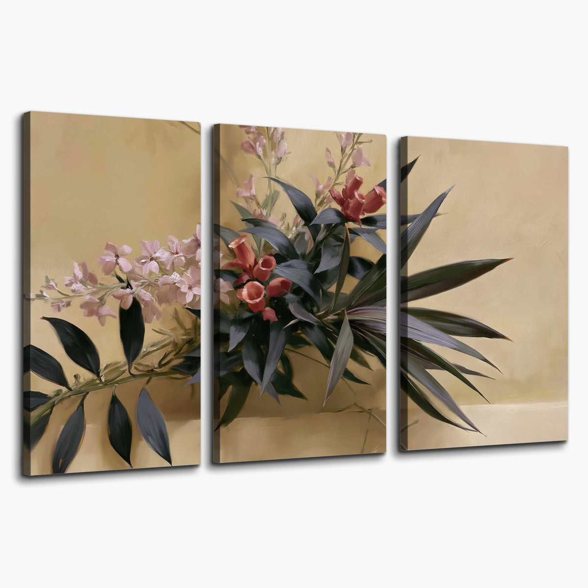 Long dark leaves and dusty pink flowers arranged against a soft beige background 3 piece canvas wall art on a white background