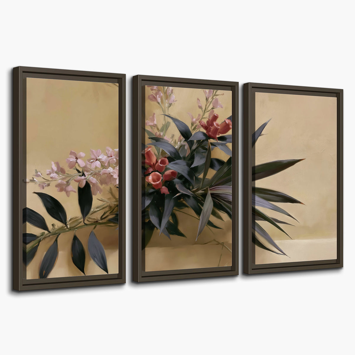 Long dark leaves and dusty pink flowers arranged against a soft beige background 3 piece framed canvas wall art on a white background
