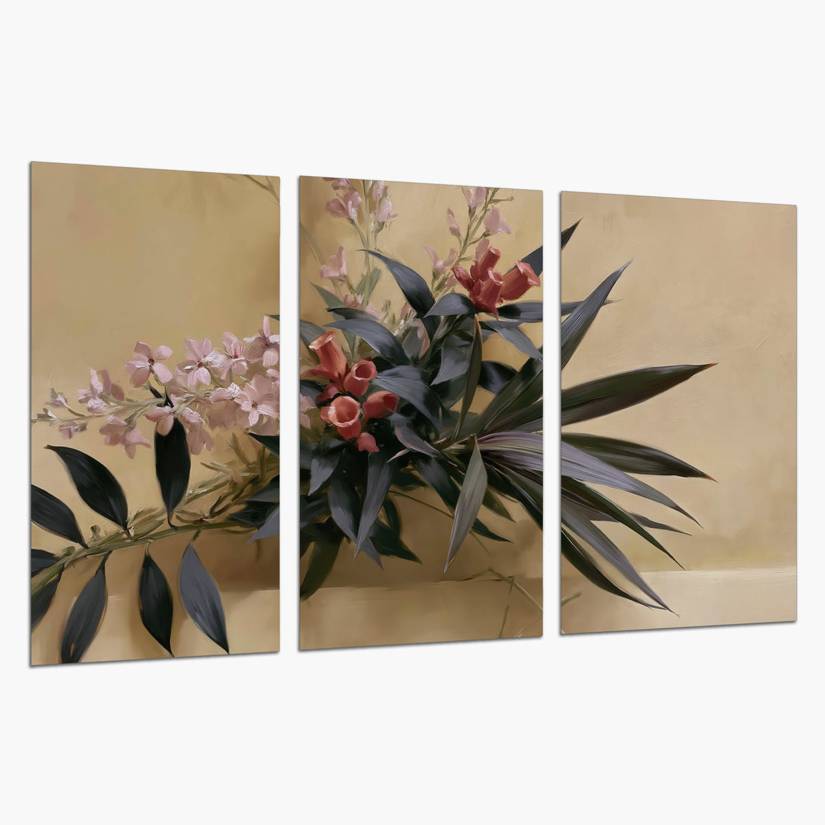 Long dark leaves and dusty pink flowers arranged against a soft beige background set of 3 poster prints on a white background