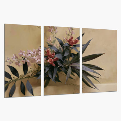 Long dark leaves and dusty pink flowers arranged against a soft beige background set of 3 poster prints on a white background