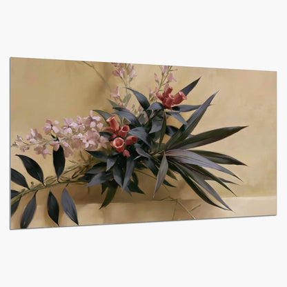 Long dark leaves and dusty pink flowers arranged against a soft beige background single poster print on a white background