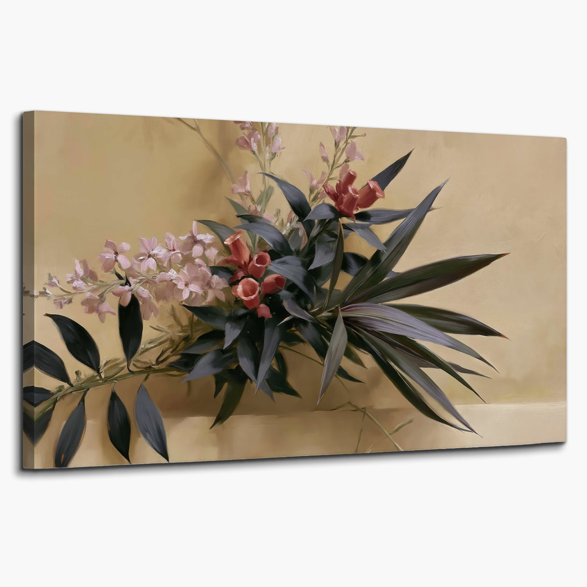 Long dark leaves and dusty pink flowers arranged against a soft beige background single canvas wall art on a white background