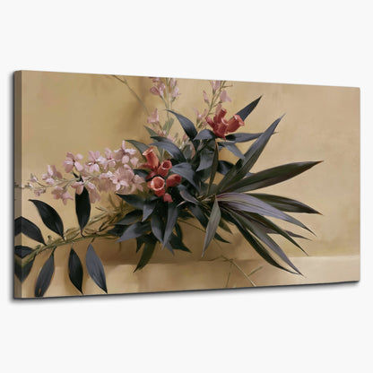 Long dark leaves and dusty pink flowers arranged against a soft beige background single canvas wall art on a white background