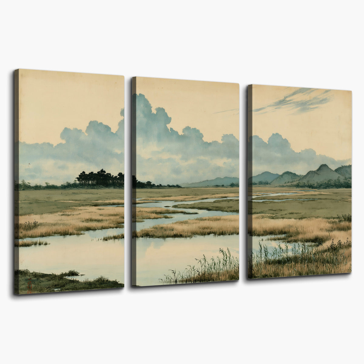 A calm marshland with reflective pools and distant blue-green hills under a clouded sky 3 piece canvas wall art on a white background