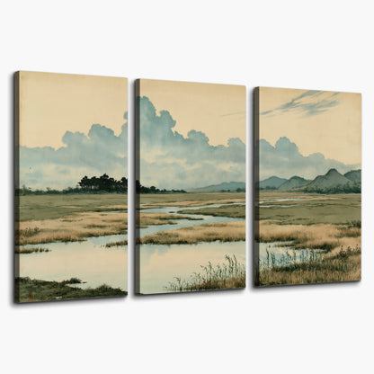 A calm marshland with reflective pools and distant blue-green hills under a clouded sky 3 piece canvas wall art on a white background