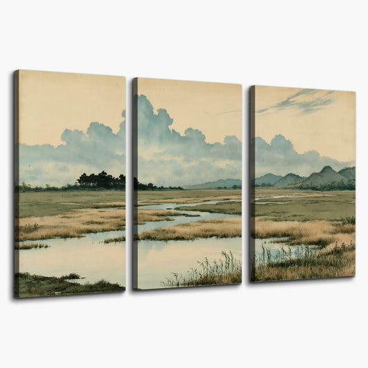 A calm marshland with reflective pools and distant blue-green hills under a clouded sky 3 piece canvas wall art on a white background
