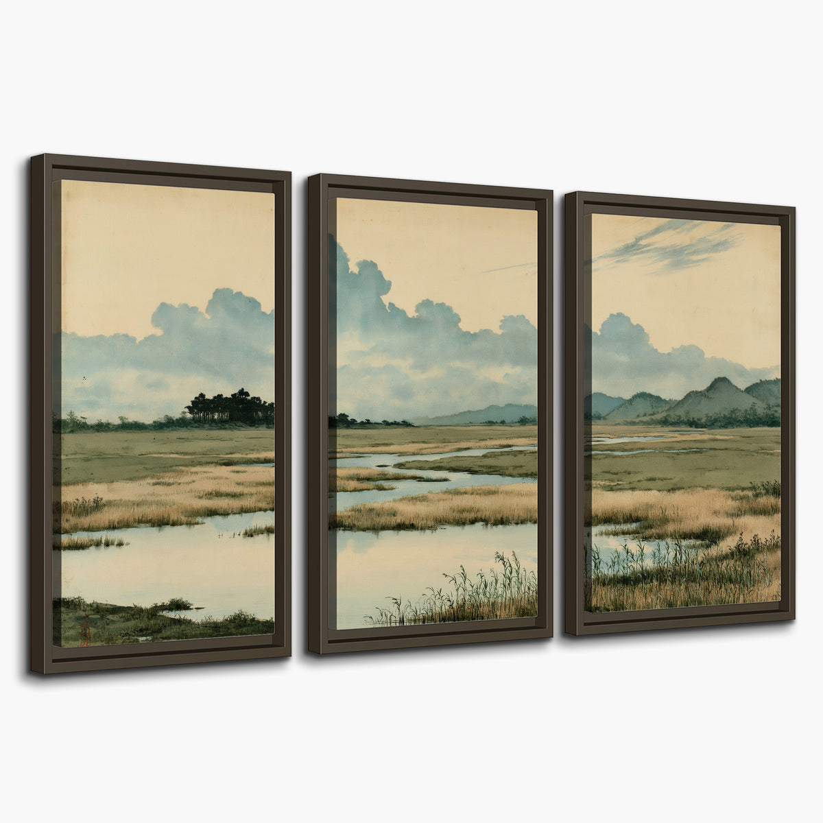 A calm marshland with reflective pools and distant blue-green hills under a clouded sky 3 piece framed canvas wall art on a white background