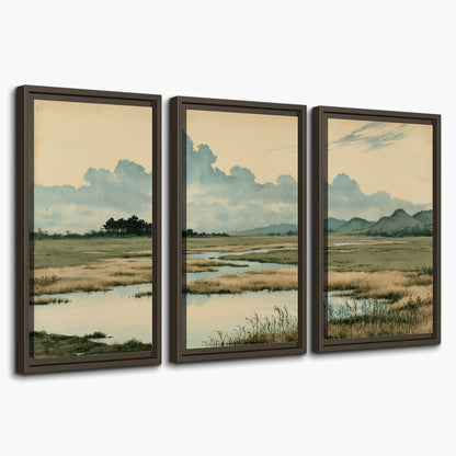 A calm marshland with reflective pools and distant blue-green hills under a clouded sky 3 piece framed canvas wall art on a white background