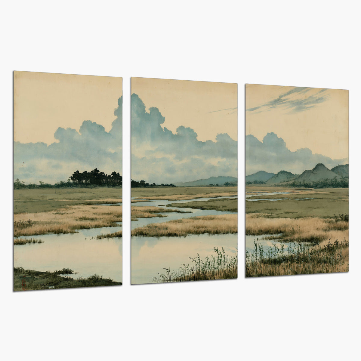 A calm marshland with reflective pools and distant blue-green hills under a clouded sky set of 3 poster prints on a white background