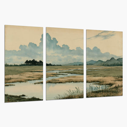 A calm marshland with reflective pools and distant blue-green hills under a clouded sky set of 3 poster prints on a white background
