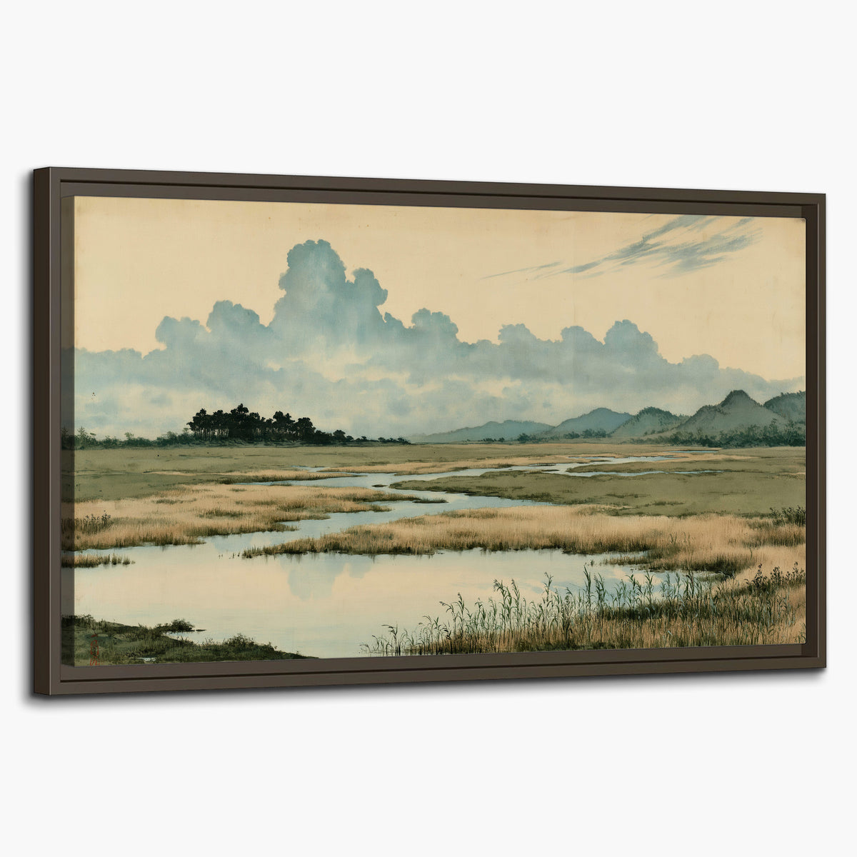 A calm marshland with reflective pools and distant blue-green hills under a clouded sky single framed canvas wall art on a white background