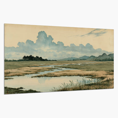 A calm marshland with reflective pools and distant blue-green hills under a clouded sky single poster print on a white background