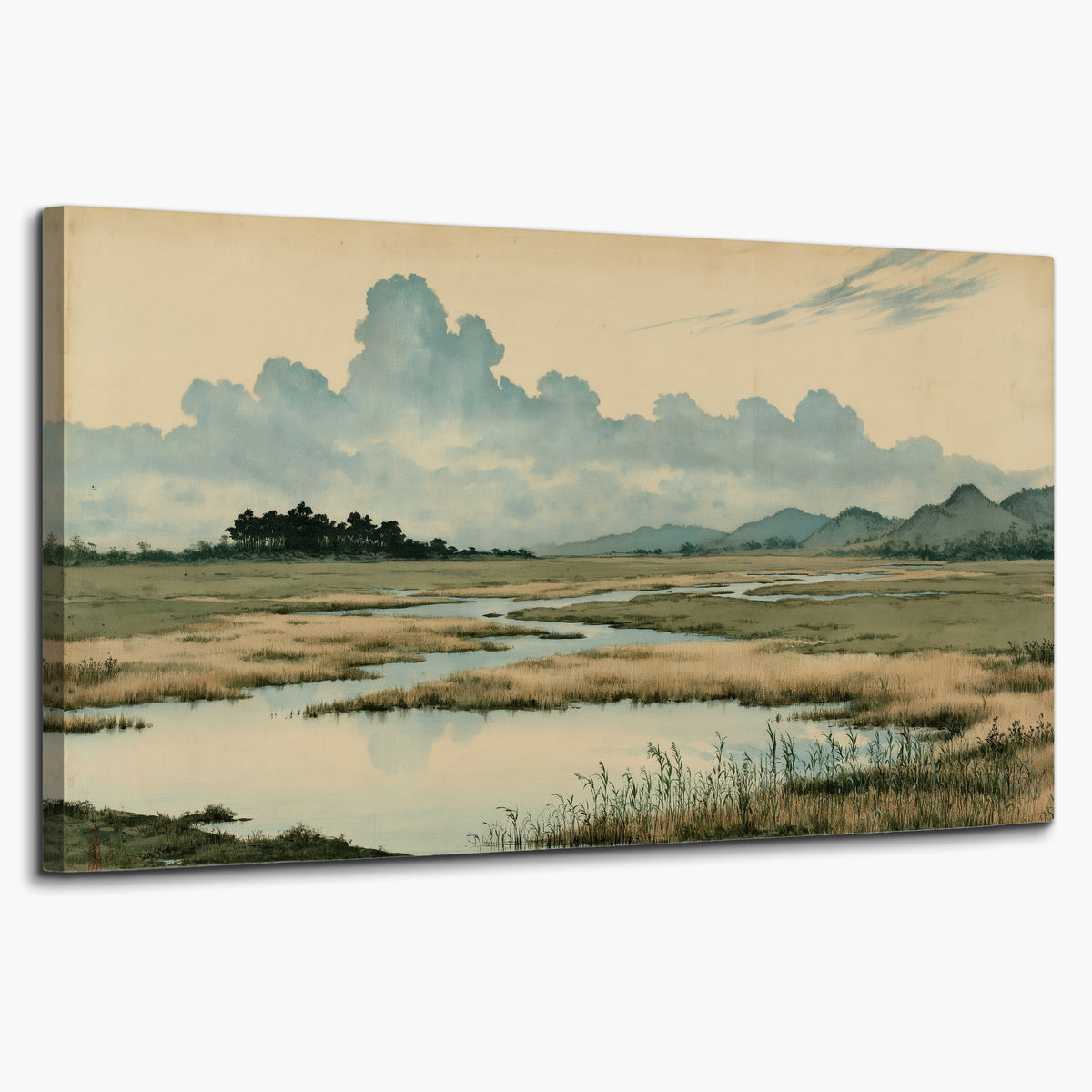 A calm marshland with reflective pools and distant blue-green hills under a clouded sky single canvas wall art on a white background