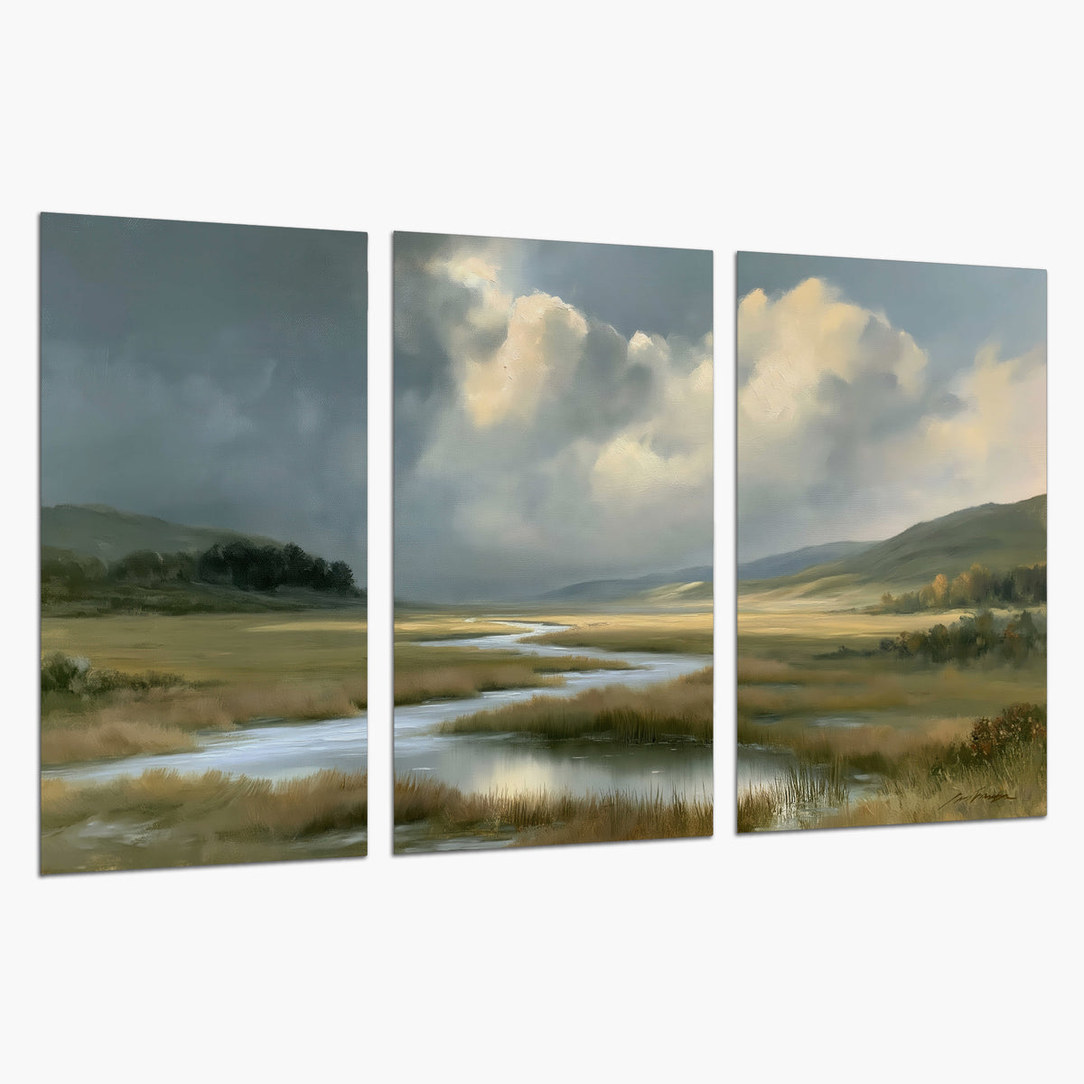 A winding stream through an open meadow beneath large sunlit clouds set of 3 poster prints on a white background