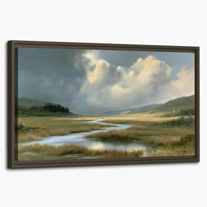 A winding stream through an open meadow beneath large sunlit clouds single framed canvas wall art on a white background