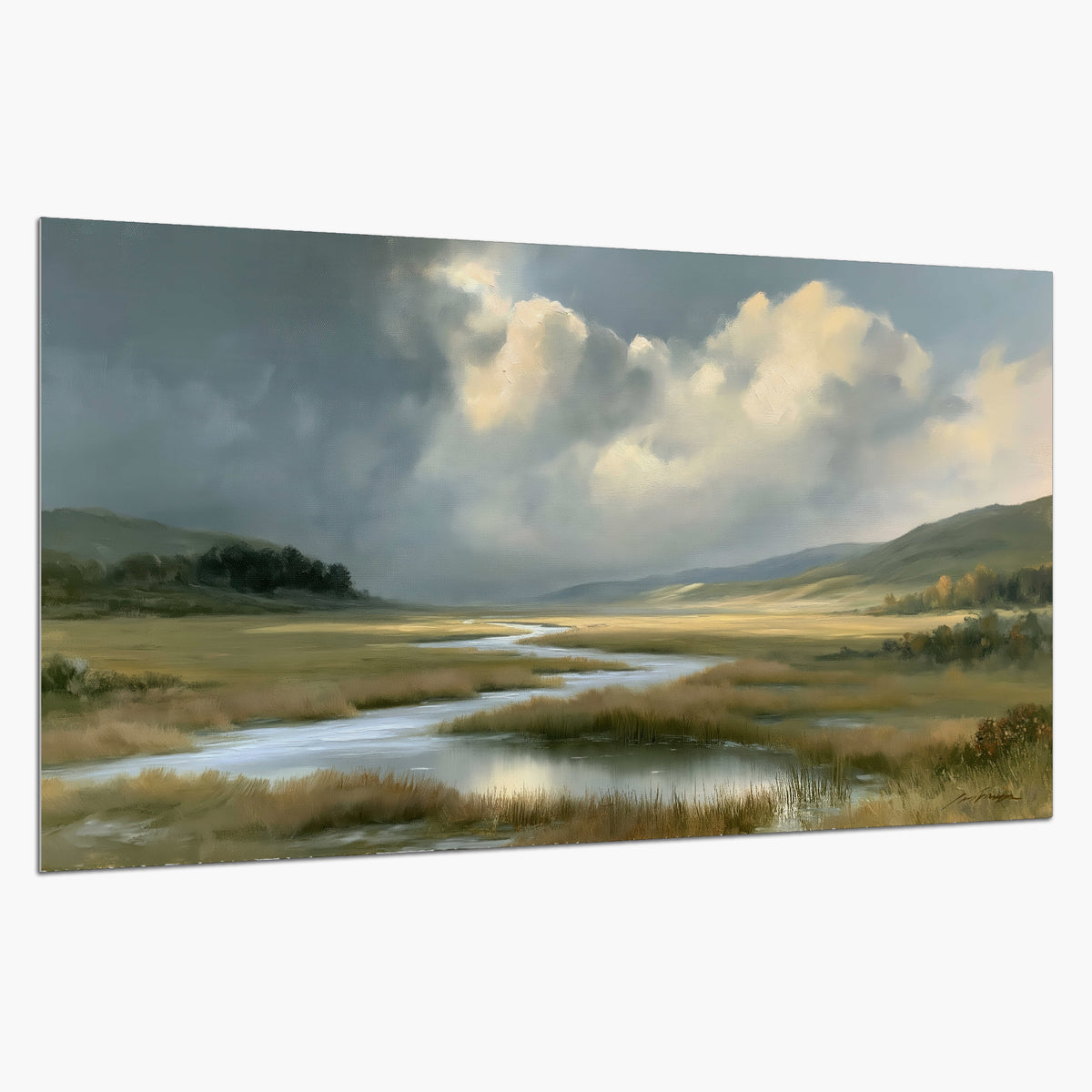 A winding stream through an open meadow beneath large sunlit clouds single poster print on a white background