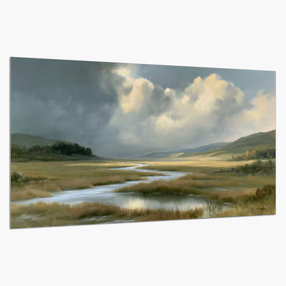 A winding stream through an open meadow beneath large sunlit clouds single poster print on a white background