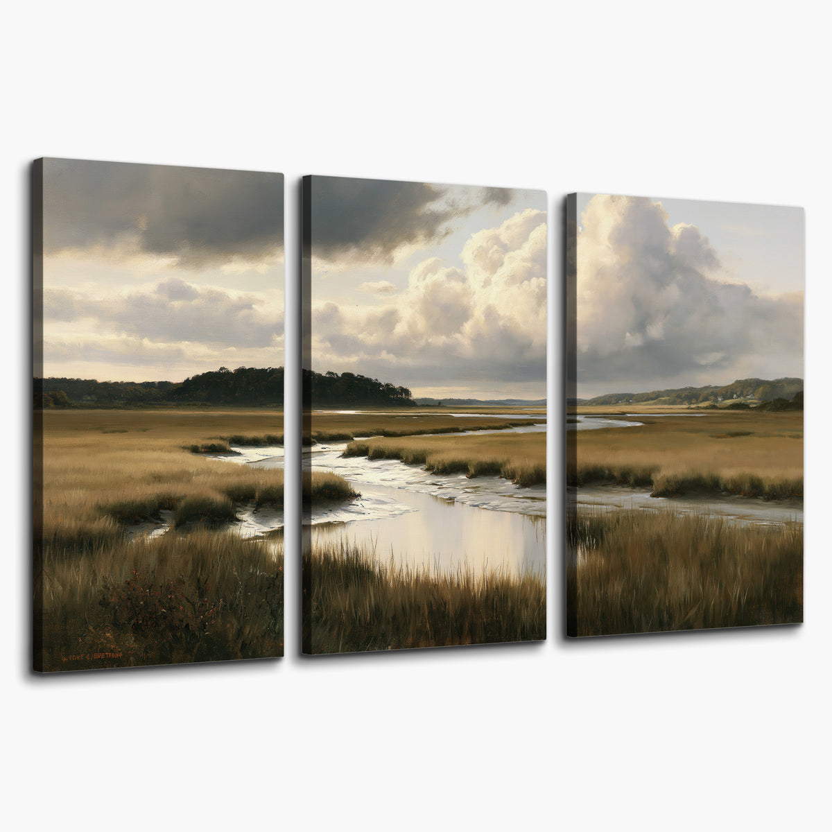 Pools of still water reflecting a dramatic cloud-filled sky across a golden marsh 3 piece canvas wall art on a white background