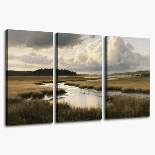 Pools of still water reflecting a dramatic cloud-filled sky across a golden marsh 3 piece canvas wall art on a white background