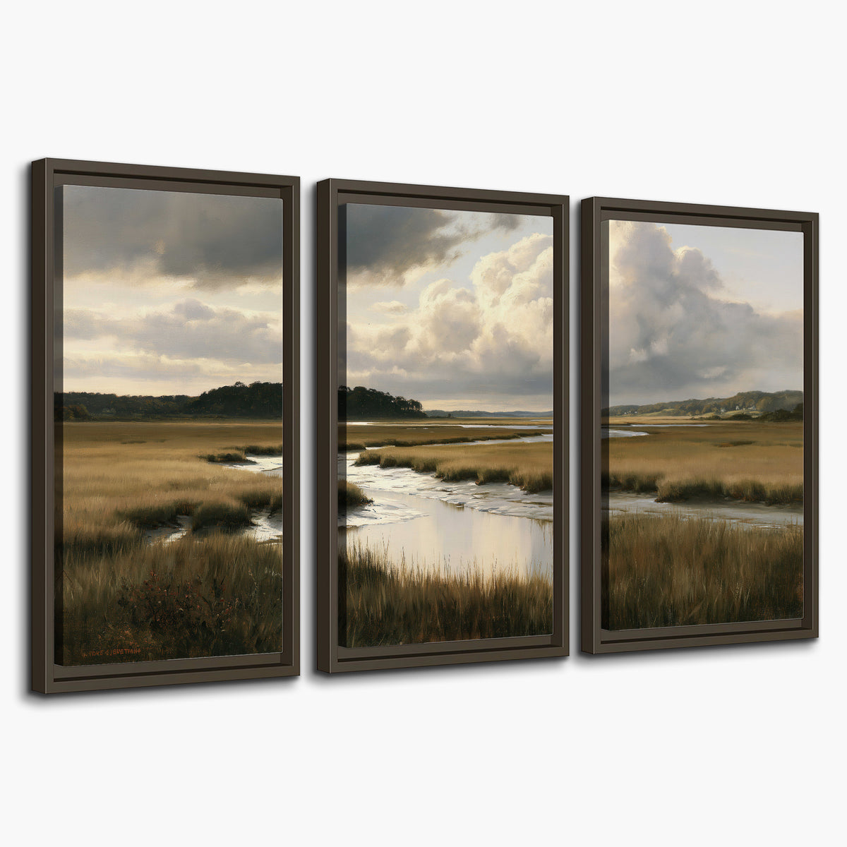 Pools of still water reflecting a dramatic cloud-filled sky across a golden marsh 3 piece framed canvas wall art on a white background