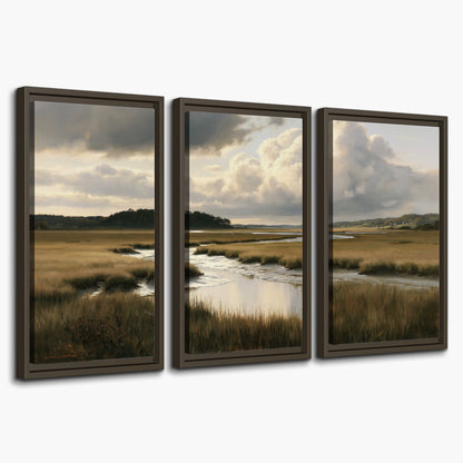 Pools of still water reflecting a dramatic cloud-filled sky across a golden marsh 3 piece framed canvas wall art on a white background