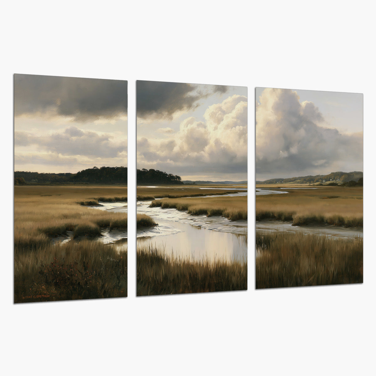 Pools of still water reflecting a dramatic cloud-filled sky across a golden marsh set of 3 poster prints on a white background