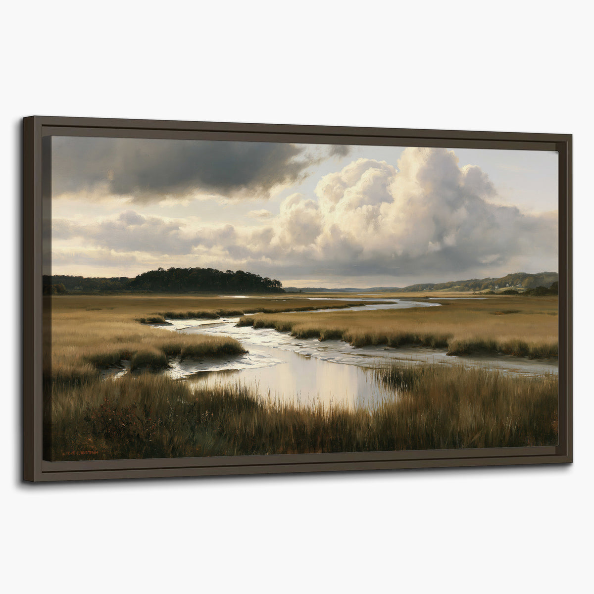 Pools of still water reflecting a dramatic cloud-filled sky across a golden marsh single framed canvas wall art on a white background