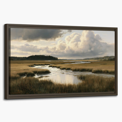 Pools of still water reflecting a dramatic cloud-filled sky across a golden marsh single framed canvas wall art on a white background