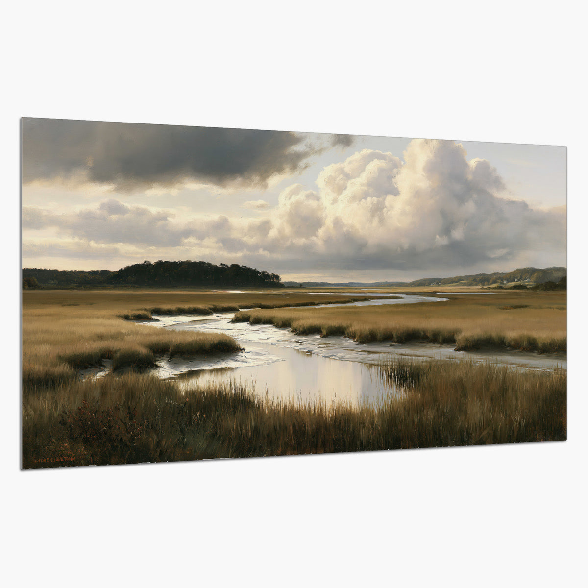Pools of still water reflecting a dramatic cloud-filled sky across a golden marsh single poster print on a white background