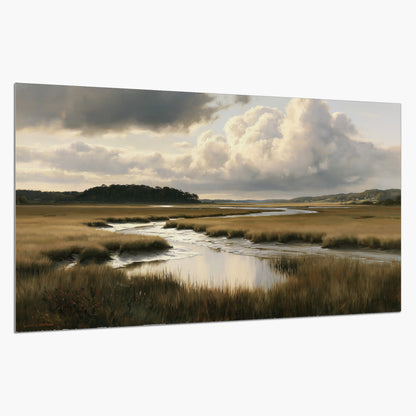 Pools of still water reflecting a dramatic cloud-filled sky across a golden marsh single poster print on a white background