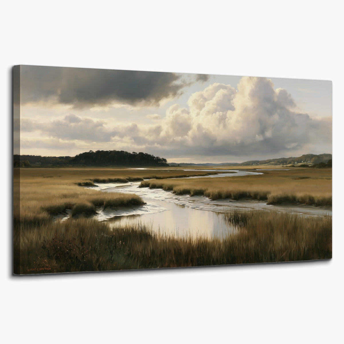 Pools of still water reflecting a dramatic cloud-filled sky across a golden marsh single canvas wall art on a white background