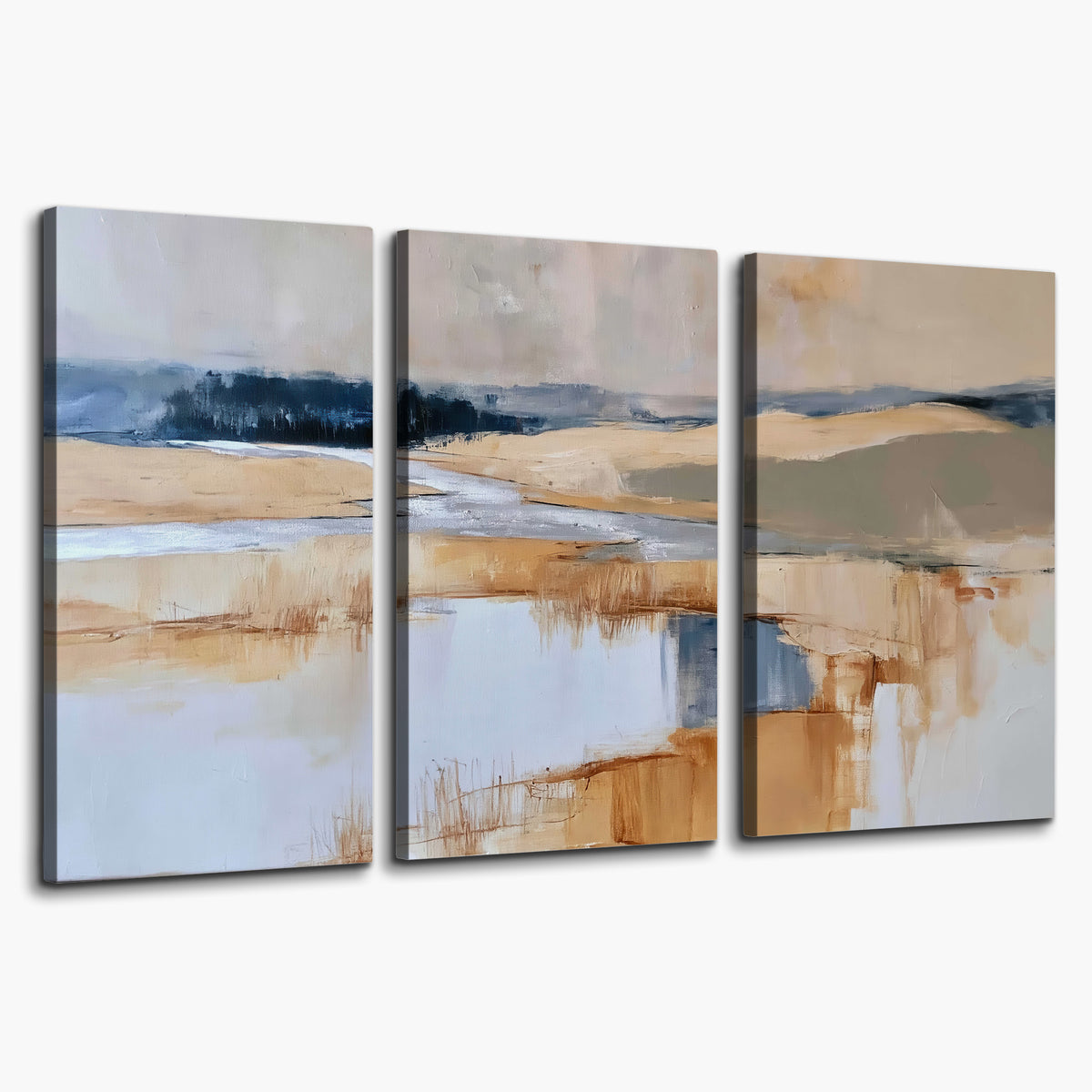 Soft horizontal bands of blue, ochre and ivory suggesting a reflected marsh landscape 3 piece canvas wall art on a white background