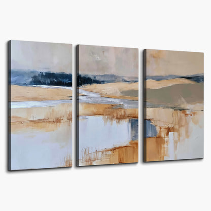 Soft horizontal bands of blue, ochre and ivory suggesting a reflected marsh landscape 3 piece canvas wall art on a white background