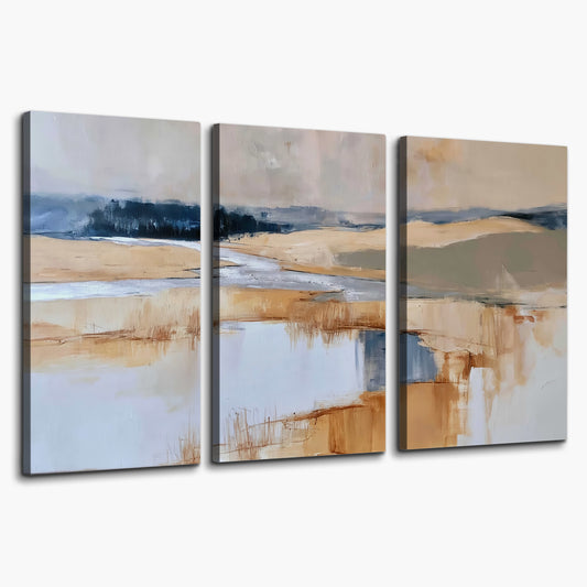 Soft horizontal bands of blue, ochre and ivory suggesting a reflected marsh landscape 3 piece canvas wall art on a white background