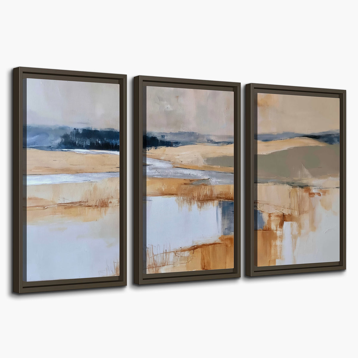 Soft horizontal bands of blue, ochre and ivory suggesting a reflected marsh landscape 3 piece framed canvas wall art on a white background