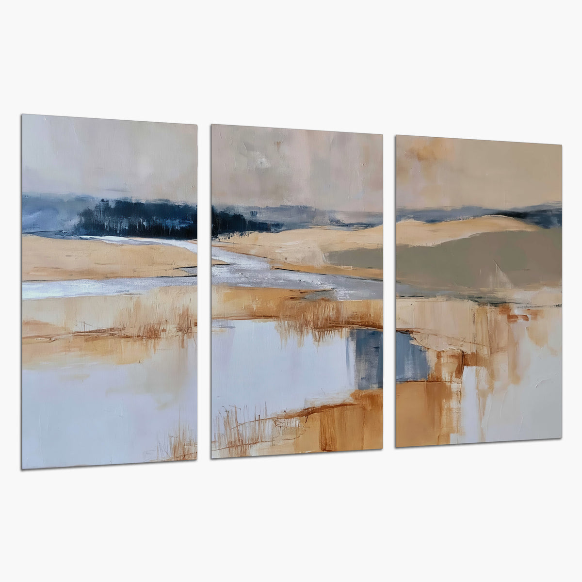 Soft horizontal bands of blue, ochre and ivory suggesting a reflected marsh landscape set of 3 poster prints on a white background