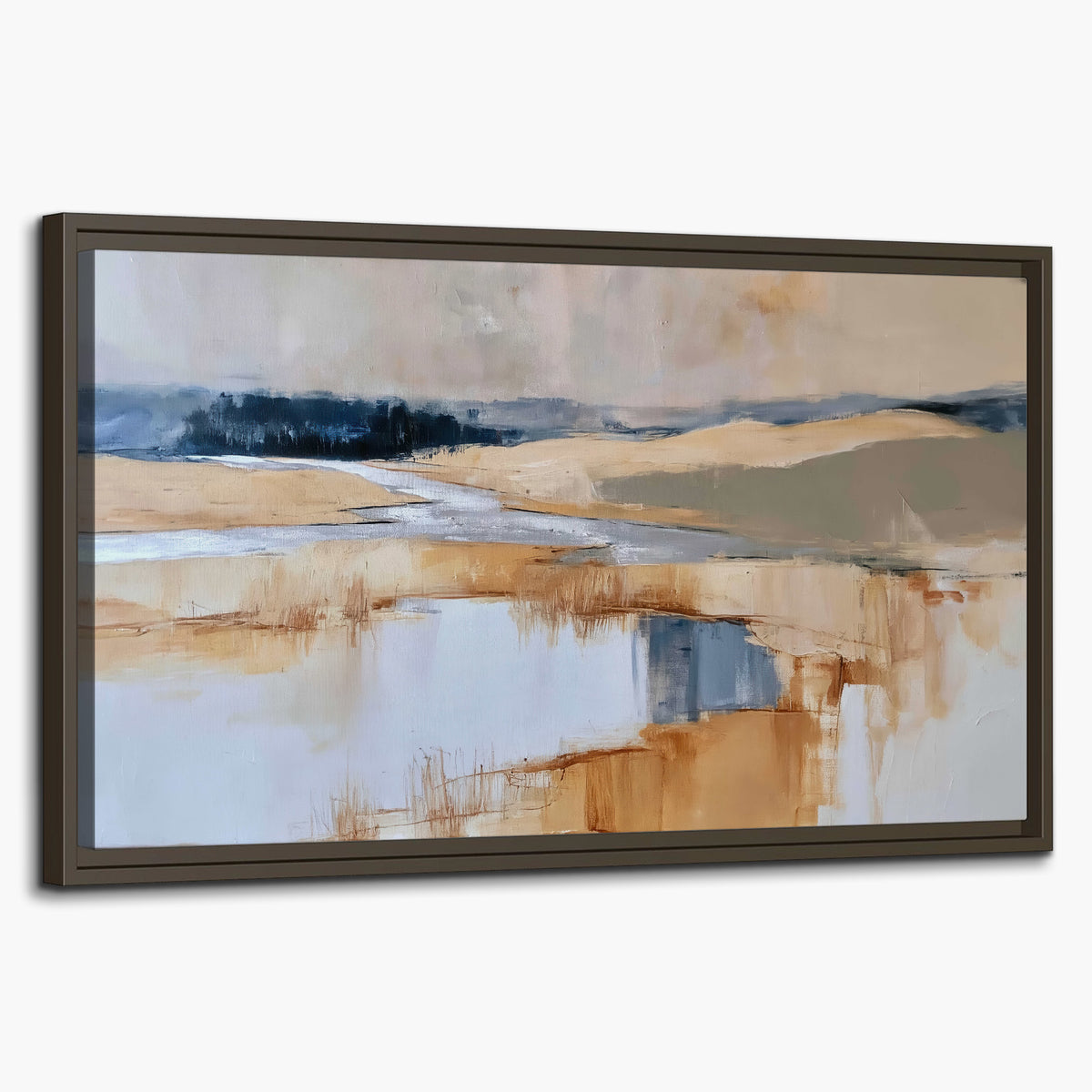 Soft horizontal bands of blue, ochre and ivory suggesting a reflected marsh landscape single framed canvas wall art on a white background