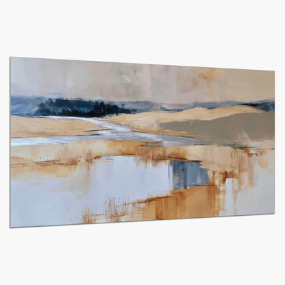 Soft horizontal bands of blue, ochre and ivory suggesting a reflected marsh landscape single poster print on a white background