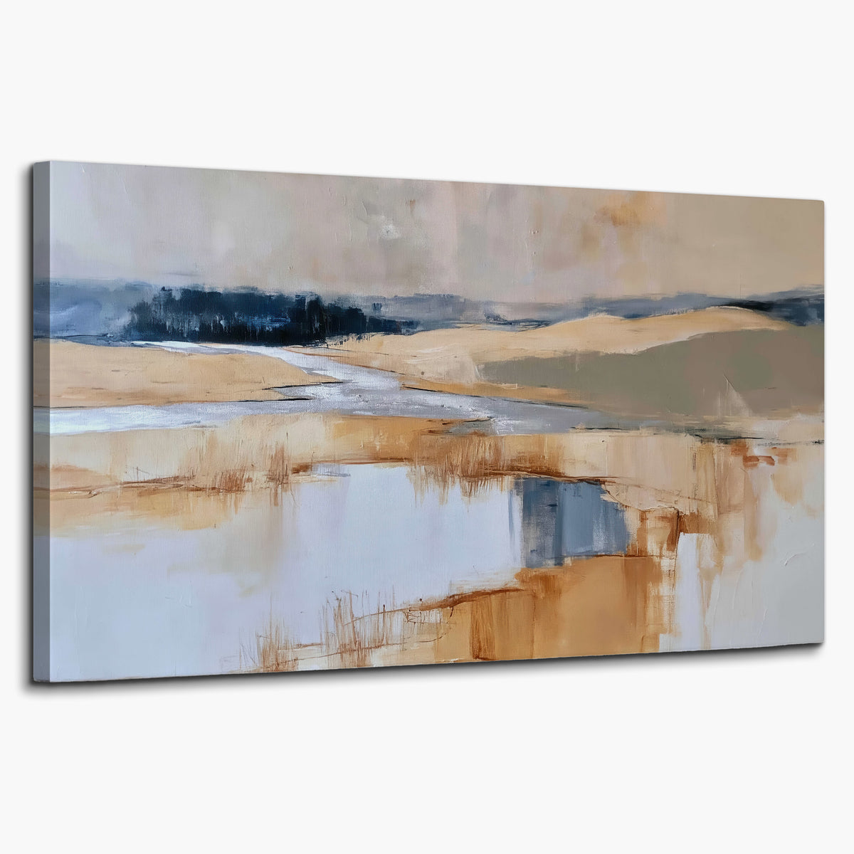 Soft horizontal bands of blue, ochre and ivory suggesting a reflected marsh landscape single canvas wall art on a white background