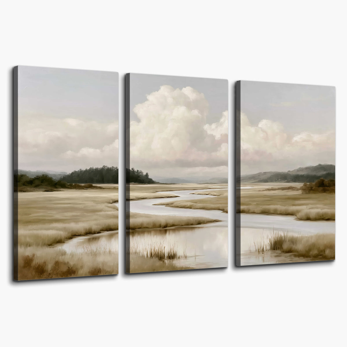 A pale winding waterway crossing quiet wetlands beneath billowing white clouds 3 piece canvas wall art on a white background