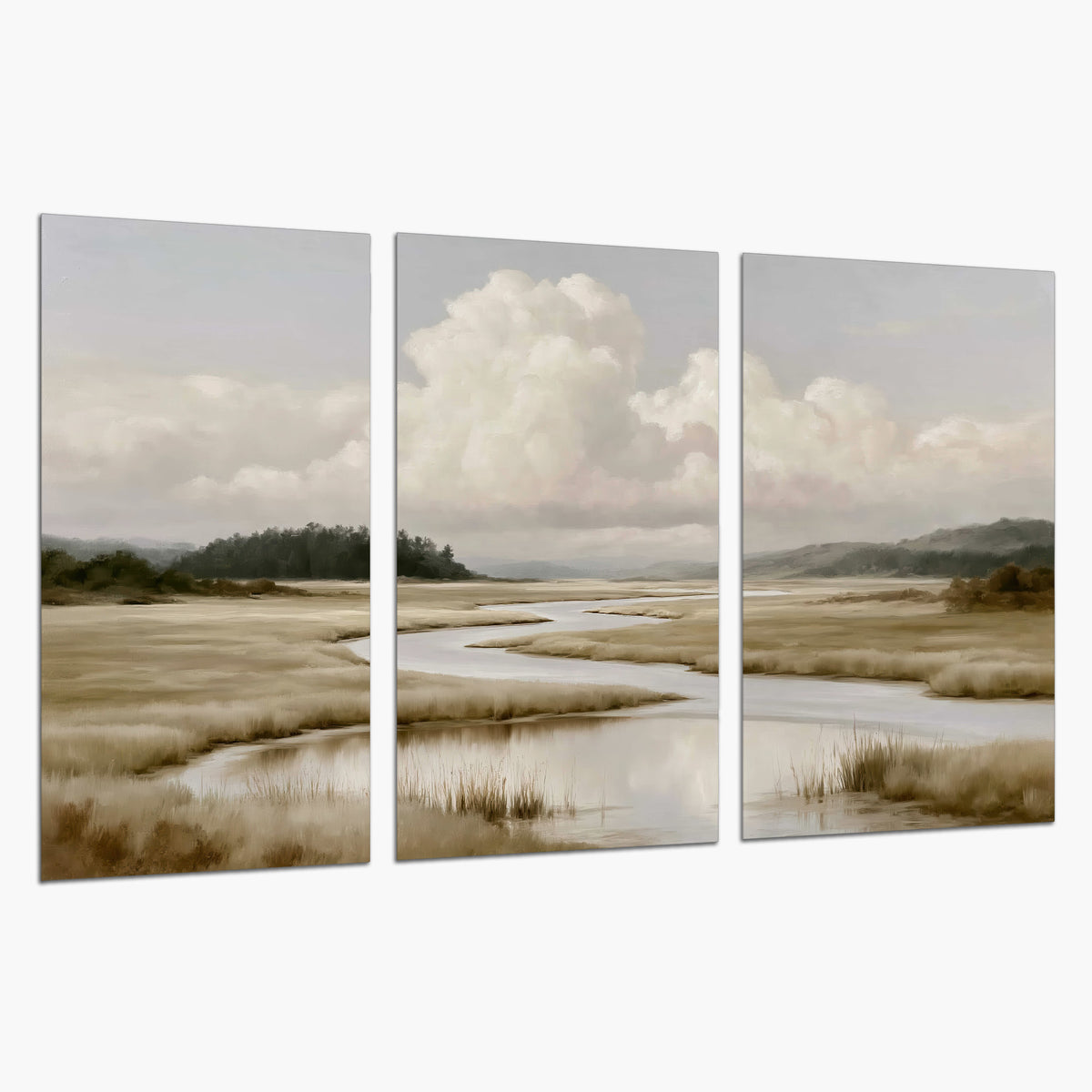A pale winding waterway crossing quiet wetlands beneath billowing white clouds set of 3 poster prints on a white background