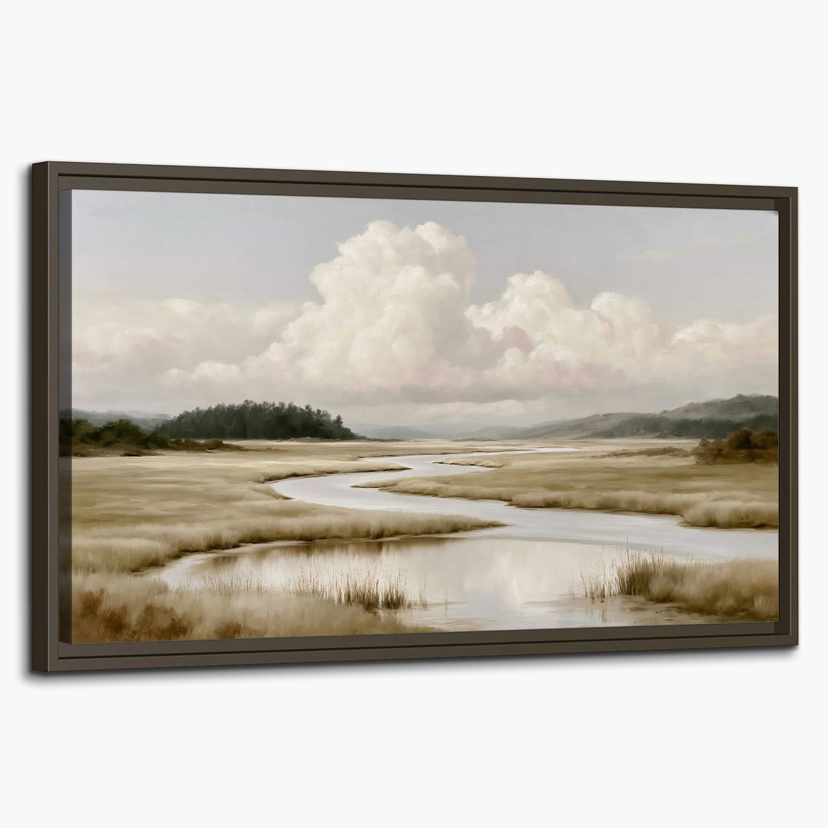 A pale winding waterway crossing quiet wetlands beneath billowing white clouds single framed canvas wall art on a white background