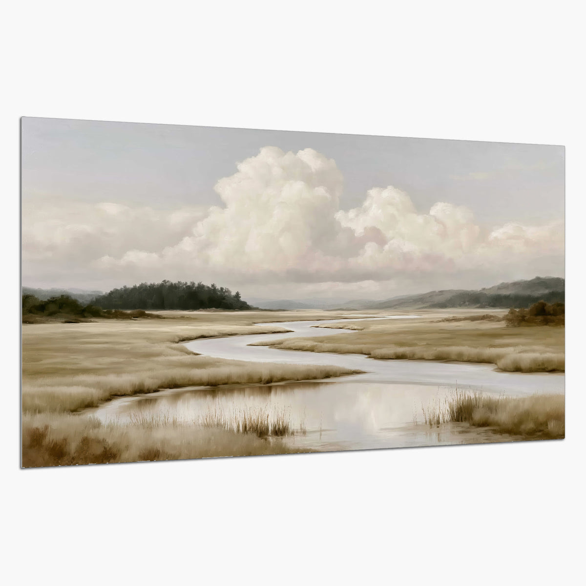 A pale winding waterway crossing quiet wetlands beneath billowing white clouds single poster print on a white background