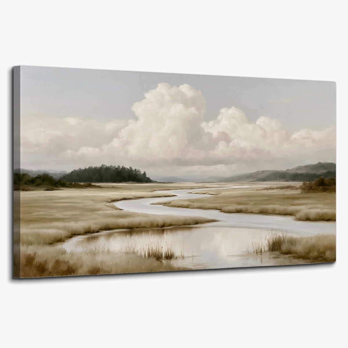 A pale winding waterway crossing quiet wetlands beneath billowing white clouds single canvas wall art on a white background