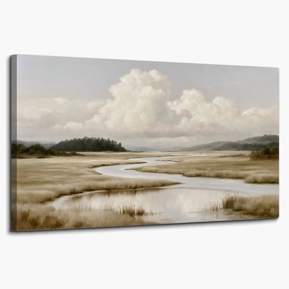 A pale winding waterway crossing quiet wetlands beneath billowing white clouds single canvas wall art on a white background
