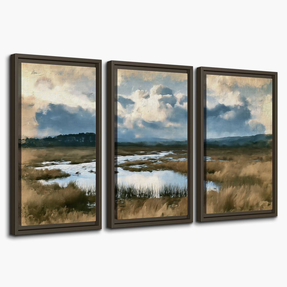 A wide open marsh with blue water and warm grasses beneath layered clouds 3 piece framed canvas wall art on a white background