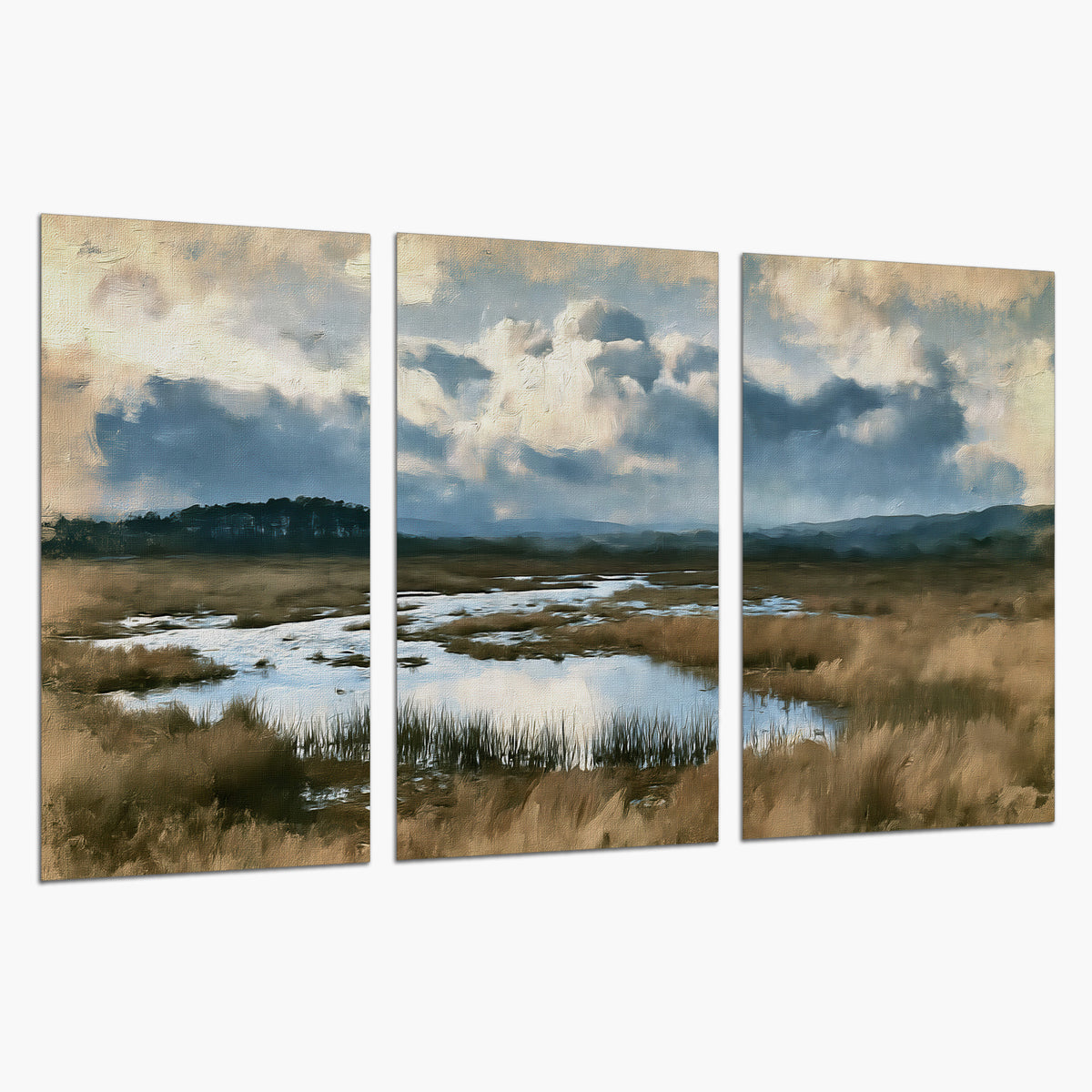 A wide open marsh with blue water and warm grasses beneath layered clouds set of 3 poster prints on a white background