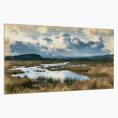 A wide open marsh with blue water and warm grasses beneath layered clouds single poster print on a white background