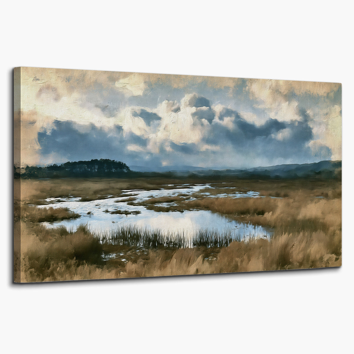 A wide open marsh with blue water and warm grasses beneath layered clouds single canvas wall art on a white background